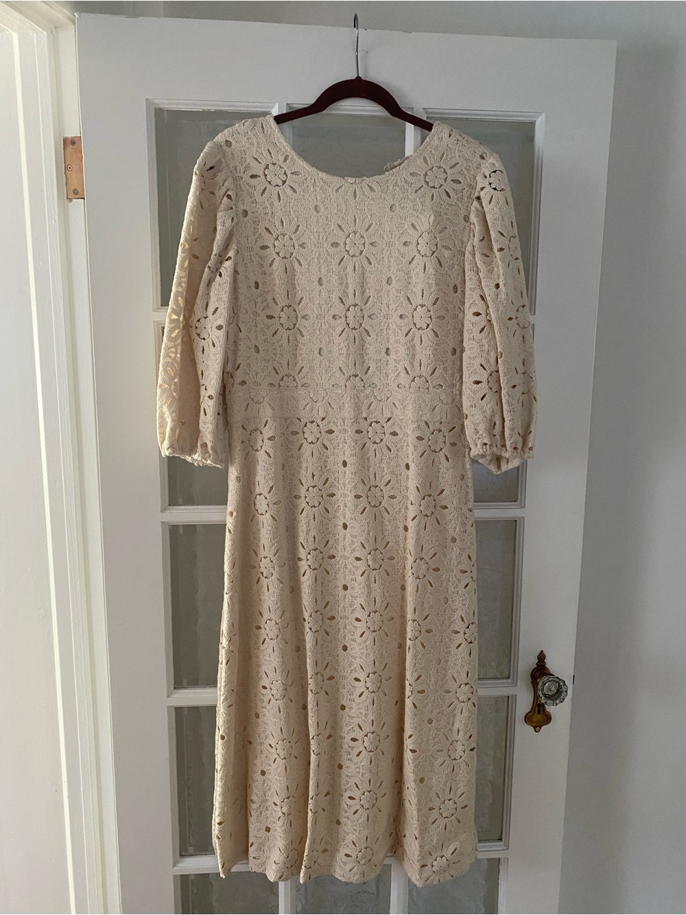 Cream Crochet Floral Midi Dress with Puff Sleeves